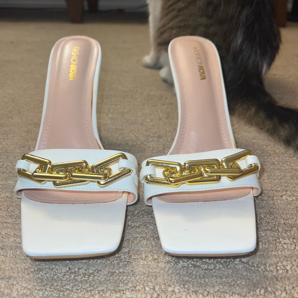 Square-front FN white heels with gold buckles Size 10US